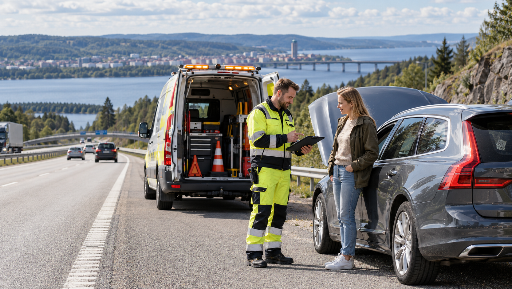 Vägassistans hjälper bilist med motorstopp vid E4