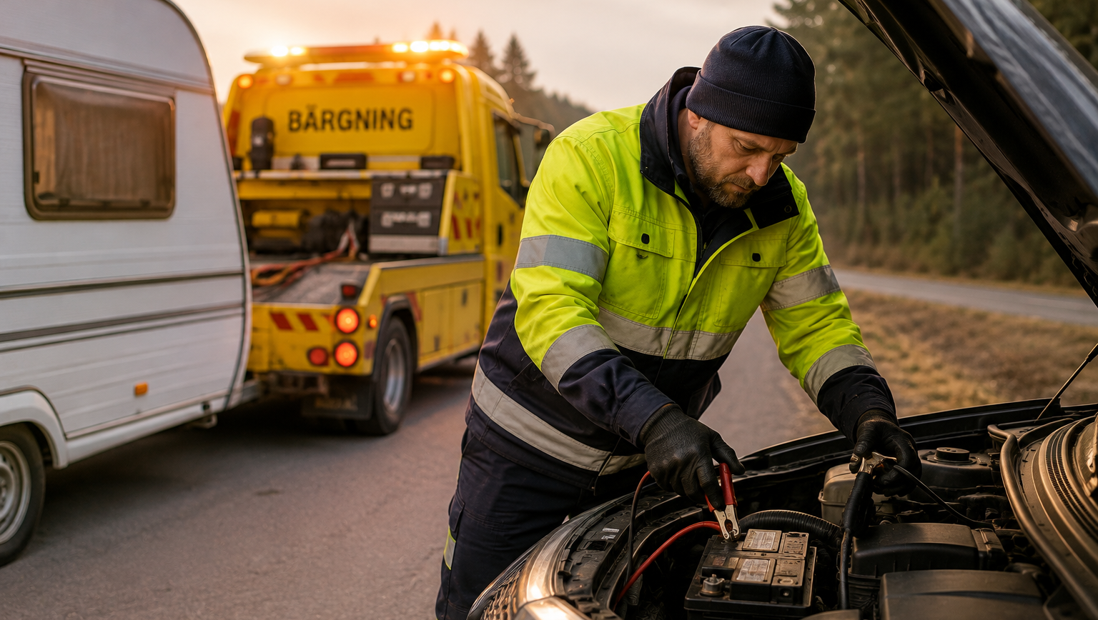 bärgare bärgar husbil och reparerar bil