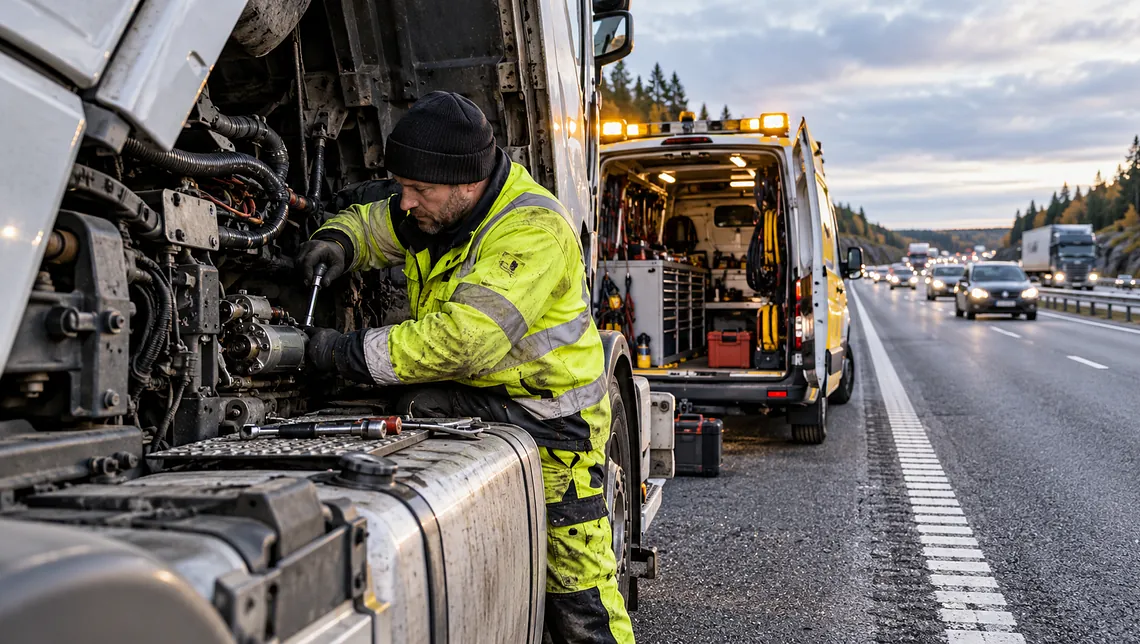 Mekaniker byter startmotor på lastbil vid E4 med servicebil